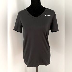 Nike Dri-Fit V-Neck Short Sleeve T-Shirt Black White Swoosh Logo Women’s Small